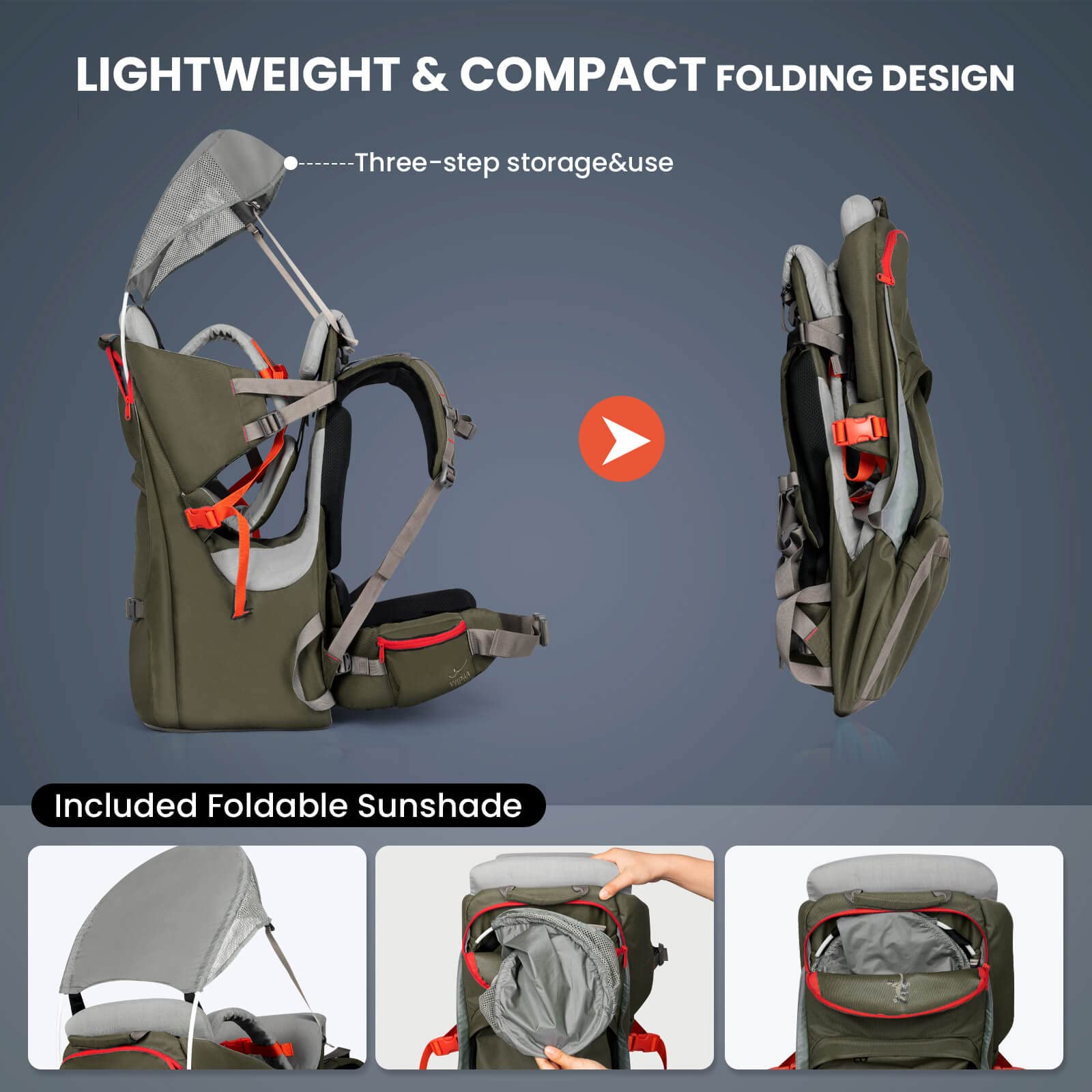 WIPHA Baby Backpack Carrier, Ergonomic Child Carrier Hiking with Sun Canopy, Safe Toddler Hiking Backpack Carrier with Large Storage Space&Insulated Pocket, Adjustable Padded Child Seat