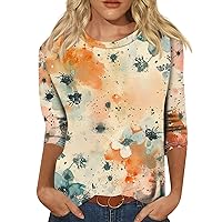Womens Summer Tops 3/4 Sleeve Round Neck Cute Shirts Casual Print Trendy Tops Three Quarter Length Blouses