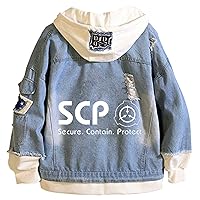 Anime SCP Foundation Hoodie Denim Jacket Unisex Ripped Jean Coat Cosplay Pullover Hooded Sweatshirt