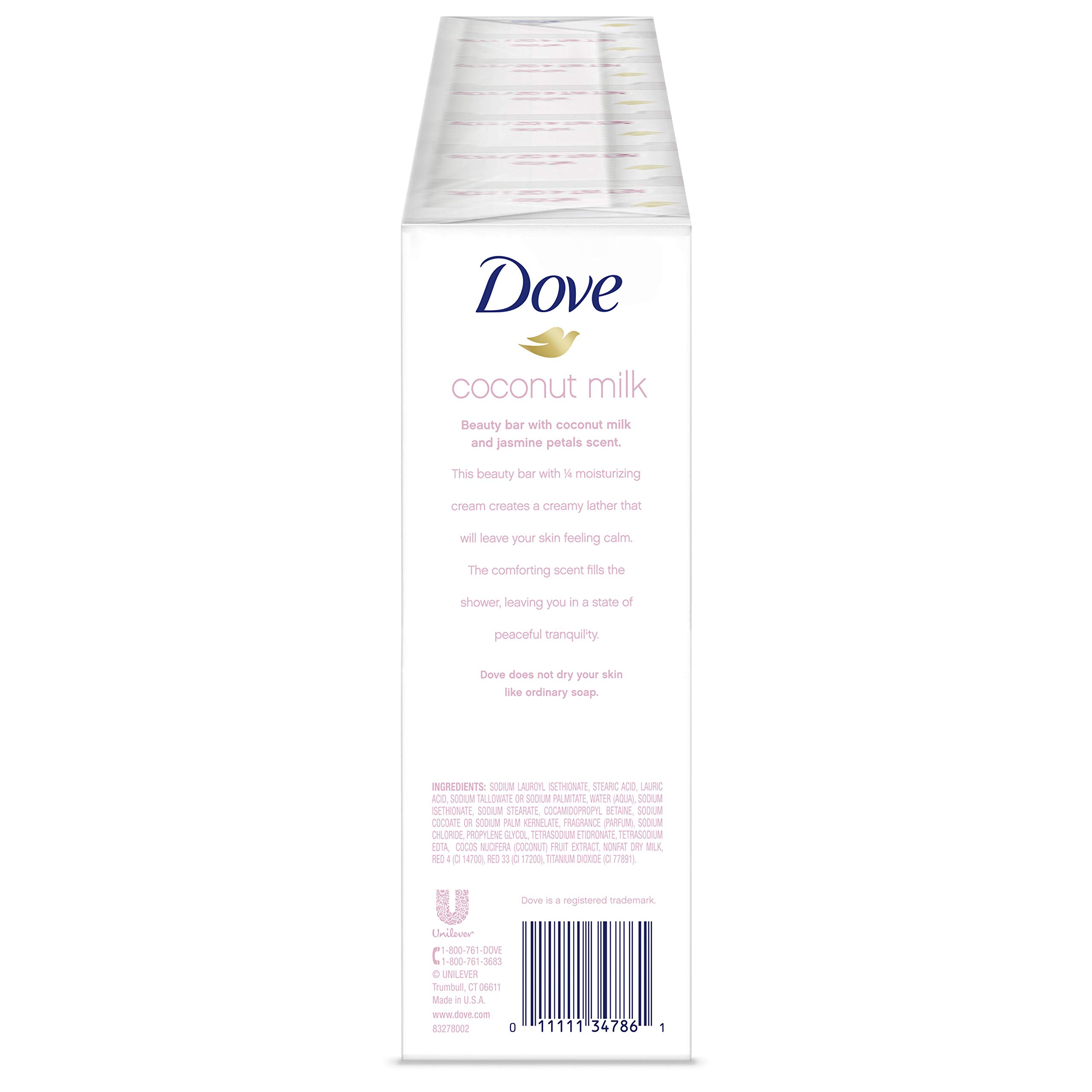 Dove Purely Pampering Beauty Bar More Moisturizing Than Traditional Bar Soaps Coconut Milk Made With 1/4 Moisturizing Cream 3.75 oz, 8 Bars