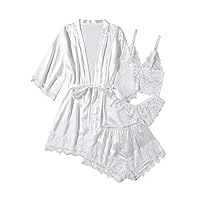 WDIRARA Women' Silk Satin Pajamas Set 4pcs Lingerie Floral Lace Cami Sleepwear with Robe