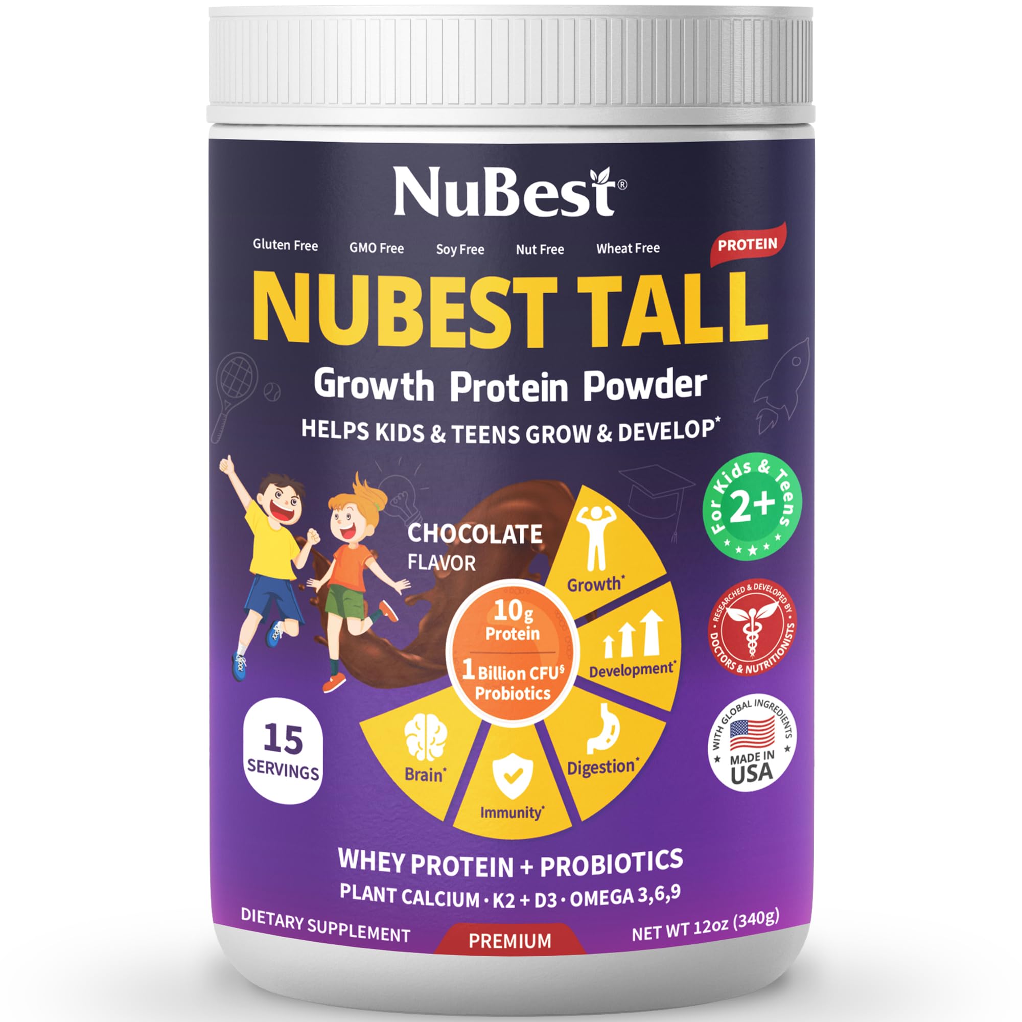 NuBest [1 Bottle Growth Protein Powder with Chocolate Flavor + 1 Bottle Tall Kids 90 Chewable Tablets with Berry Flavor] Bundle Height Growth for Kids - Support Height Growth, Development and Grow