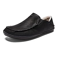 OLUKAI Moloa Slipper Men's Slippers, Premium Nubuck Leather Slip On Shoes, Shearling Lining & Gel Insert, Drop-In Heel Design