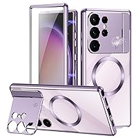 Jonwelsy Case for Samsung Galaxy S23 Ultra with Camera Invisible Stand, 360 Degree Front and Back Glass Protection Cover [Compatible with MagSafe] Magnetic Absorption Aluminum Alloy Bumper (Purple)