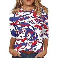 4Th of July Tops for Women 2024 Summer Funny American Flag Patriotic Stripe Print Round-Neck 3/4 Sleeve Shirt