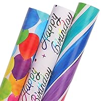 Ribbli Birthday Wrapping Paper 3 Rolls Colorful Balloon Stripe and Iridescent Happy Birthday Wrapping Paper for Kids- Mini Roll 17 inch x 120 inch(10feet) Per Roll