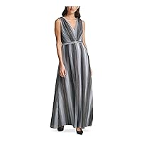 Vince Camuto Womens Gray Glitter Belted Striped Sleeveless V Neck Full-Length Evening Fit + Flare Dress 10