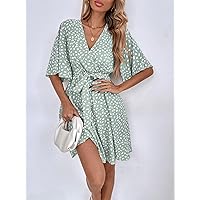 Summer Dresses for Women 2022 Allover Print Butterfly Sleeve Belted Dress Dresses for Women (Color : Mint Green, Size : X-Small)
