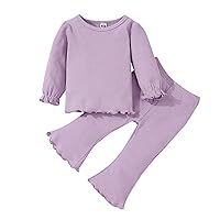 New Born Babies Infant Girls Long Sleeve Solid Ribbed Tops and Flare Pants Outfits Little Girls Stuff (Purple, 6-12 Months)