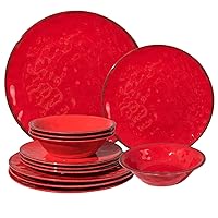 Red Melamine Dinnerware Set, 12 Piece Farmhouse Dishes for Casual Dining, Unbreakable Dinnerware and Dishes for 4, Dishwasher Safe, Rustic