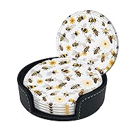 Flying Bees Daisy Honey Print Coaster,Round Leather Coasters with Storage Box for Wine Mugs,Cold Drinks and Cups Tabletop Protection (6 Piece)