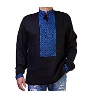 Ukrainian Vyshyvanka for Men Linen Shirt Black Blue Handmade Ukraine Embroidery (2X-Large)