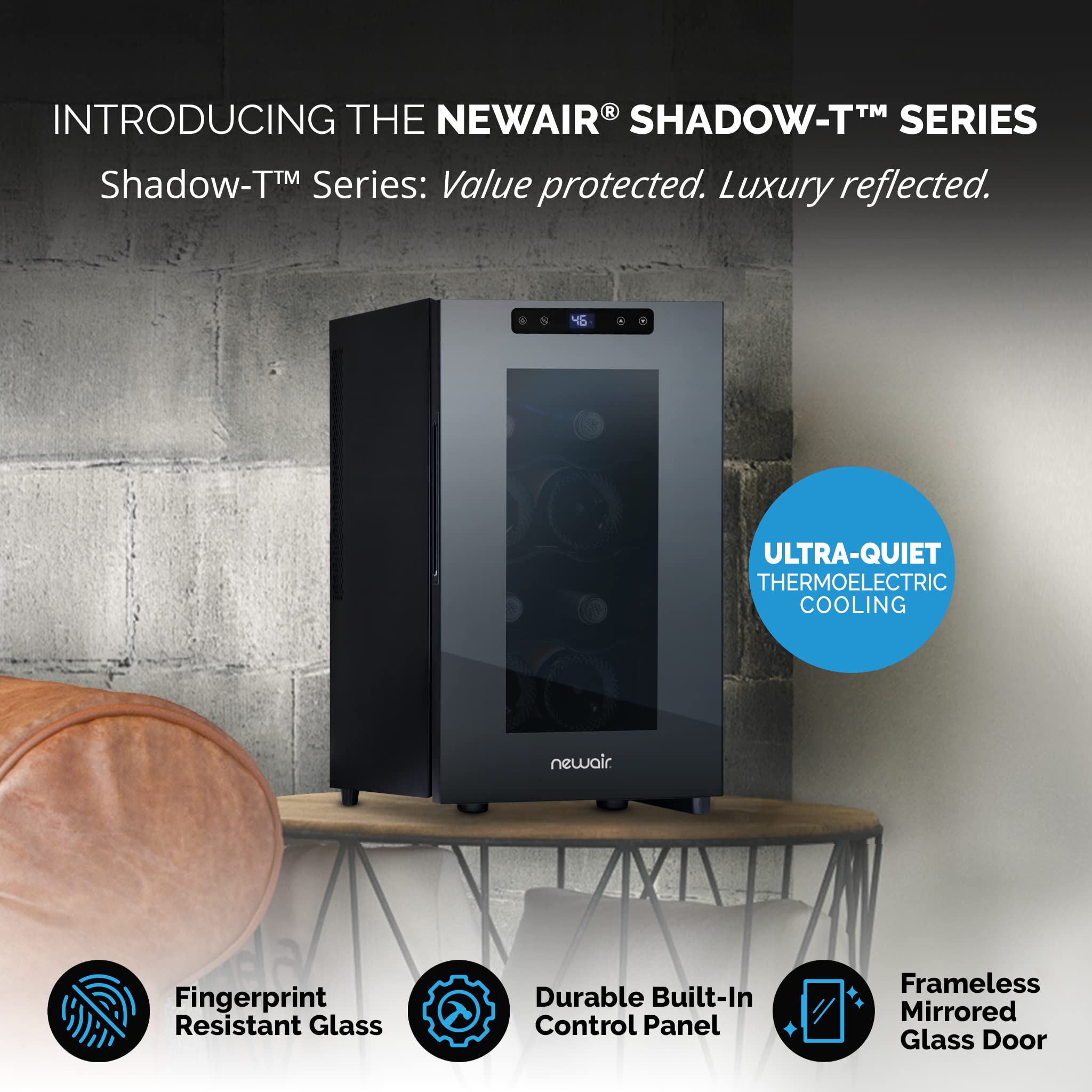 NewAir Shadow-T Series Wine Cooler Refrigerator | 8 Bottle | Countertop Mirrored Compact Wine Cellar with Triple-Layer Tempered Glass Door | Vibration-Free & Ultra-Quiet Thermoelectric Cooling