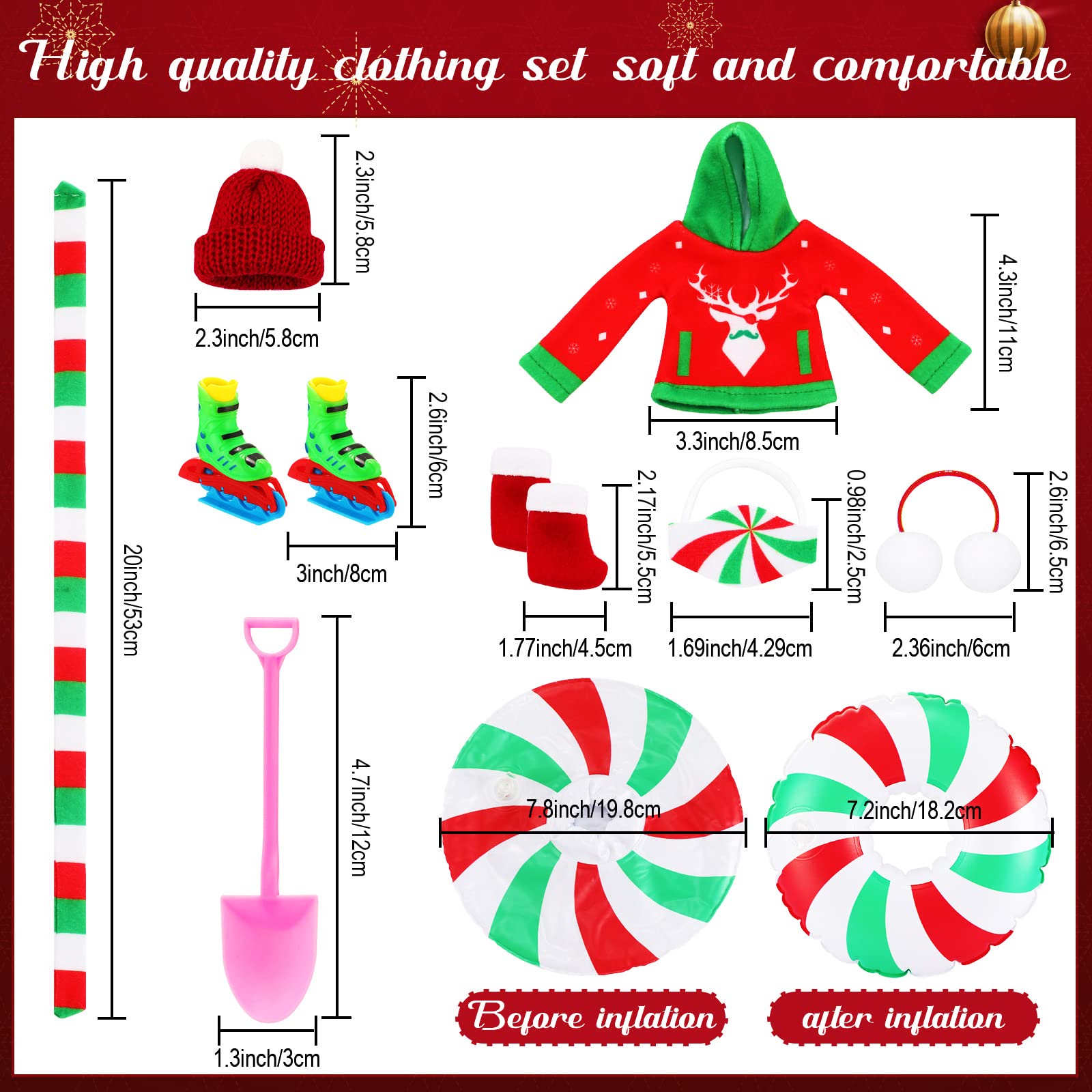 9PCS Christmas Elf Doll Accessories Set Santa Couture Clothing Includes Ear Muffs, Scarf, Sweater, Boot, Inflatable Snow Tube, Mask, Hat, Ice Skates, Shovel for Elf Doll Decor (Sweater)