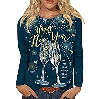 Womens Tops 2024 New Year Printed Long Sleeve T Shirts Spring Fashion Loose Fit Crewneck Pullover Blouse