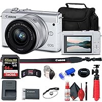 Canon EOS M200 Mirrorless Camera with 15-45mm Lens (White) (3700C009) + 64GB Memory Card + Card Reader + Case + Flex Tripod + Hand Strap + Cap Keeper + Memory Wallet + Cleaning Kit (Renewed)