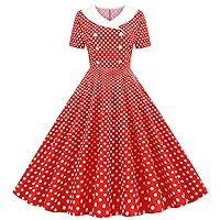 Womens Vintage Polka Dot Dress Fashion Buttons Doll Collar Short Sleeve Puffy Dress Slim High Waist Evening Prom Dress