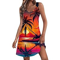 Beach Dresses for Women 2024 Vacation Boho Printed Casual Sundress Summer Sleeveless Loose Dress with Pockets