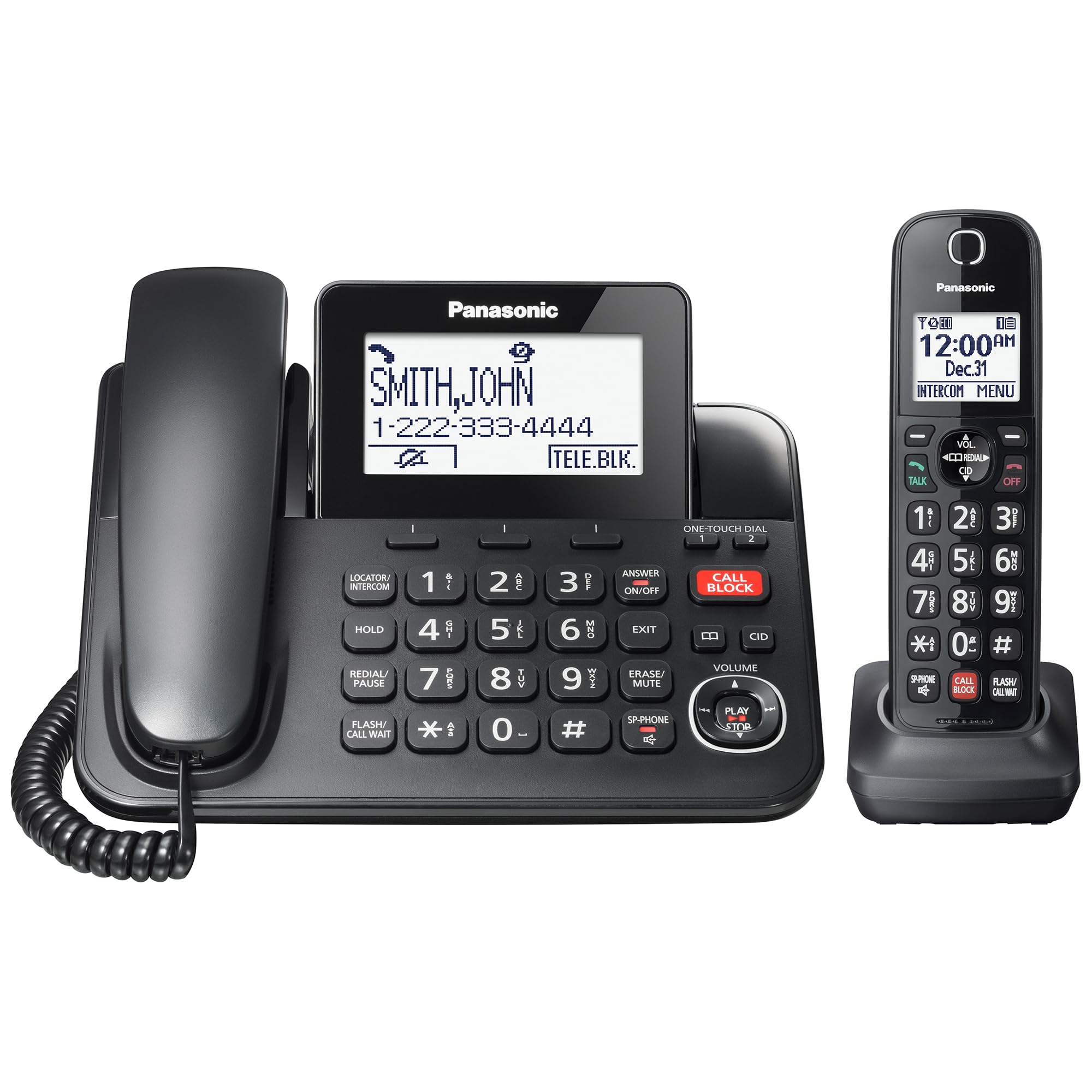 Panasonic Corded/Cordless Phone with Advanced Call Block, 2-Way Recording and Digital Answering Machine, 1 Handset Expandable up to 6 Cordless Handsets - KX-TGF850B (Black)