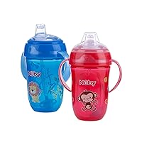 Nuby 2 pack Comfort Trainer 2 Handle Cups with 360 Weighted Straw and Soft Silicone Spout, 9 Oz, Blue Lion and Red Monkey