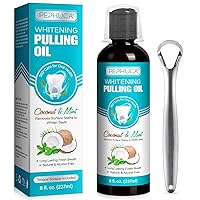 Oil Pulling - Coconut & Mint Oil Pulling Mouthwash with Tongue Scraper, Alcohol Free, Natural Organic Essential Oil for Mouth, Bad Breath Cleaner, Fresh Breath, Bone & Gum Health 8 Fl Oz