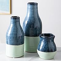 Ceramic Vase Set 3, Blue and Green Pottery Vase for Home Decor, Two Tone Decorative Clay Vases for Dried Flower, Pampass Grass, Colored Vase for Entryway and Living Room, Centerpiece Table