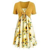 Women Maxi Dress Summer Sunflower Print Short Knot Top Dress Bandage Suit Sleeve Mini Dress Plus Size Dark Brown Dress