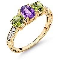 Gem Stone King 2.00 Ct Oval Checkerboard Purple Amethyst Green Peridot 18K Yellow Gold Plated Silver Ring
