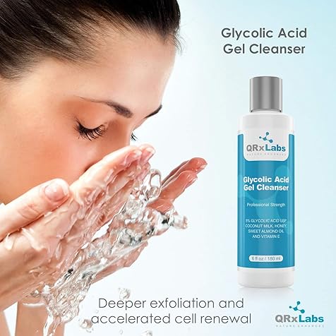 QRxLabs Glycolic Acid Face Wash - Exfoliating Gel Cleanser, Best for Wrinkles, Lines, Acne, Spots & Chemical Peel Prep - Reduces Shaving Bumps and Ingrown Hair - 6 fl oz
