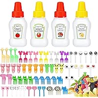 64 Pieces Condiment Squeeze Bottles Bento Lunch Box Accessories, Soy Sauce Container Mini Ketchup Bottles Reusable Condiments Containers with Lids and Animal Fruit Food Toothpicks