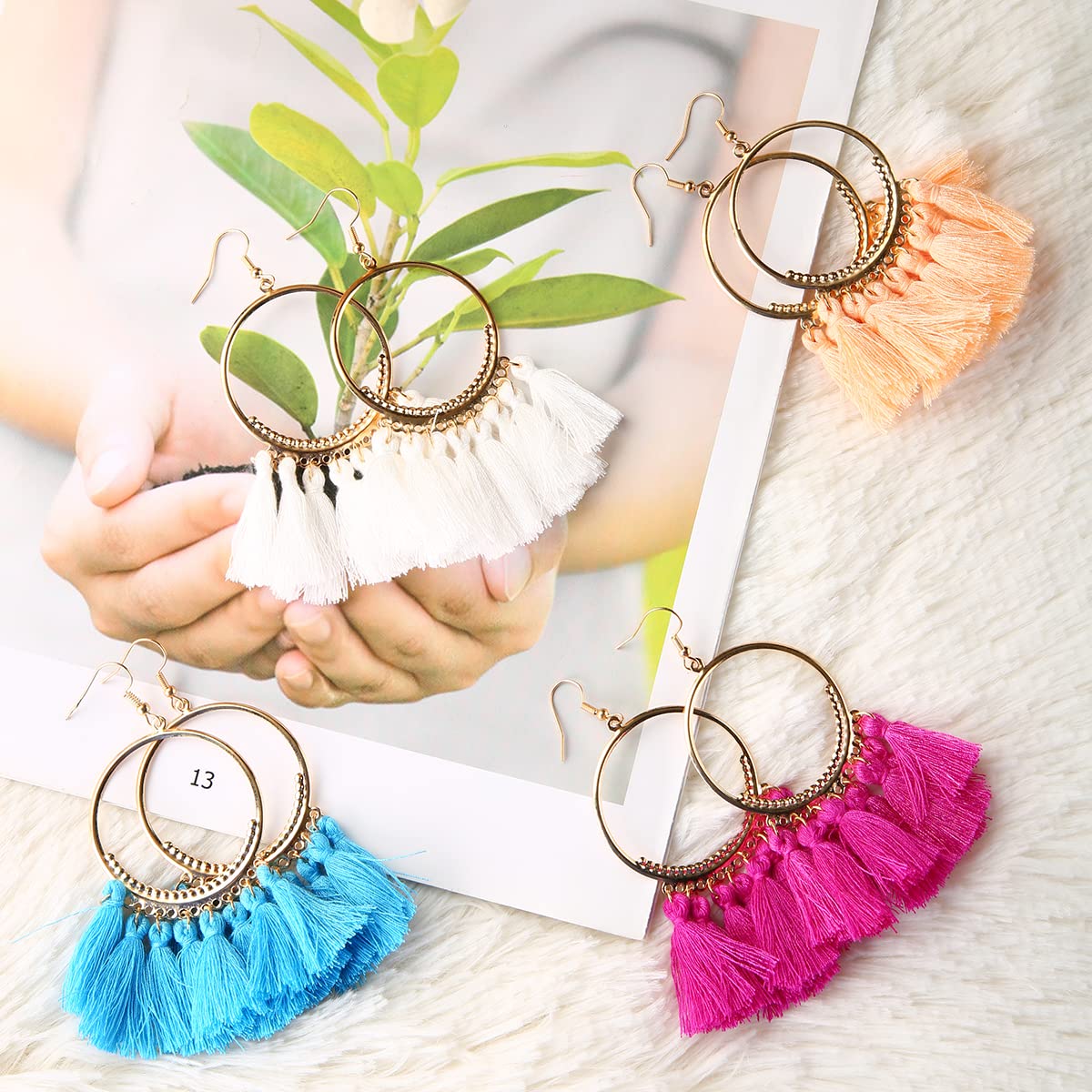 LANTAI 12 Pairs Bohemian Tassel Earrings Set-Trendy Colorful Fringe Summer Beach Statement Earrings for Women Girls
