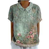 Women Vintage Floral Peter Pan Collar Shirts Y2K Keyhole Back Short Sleeve Tee Tops Summer Casual Loose Fit Blouse