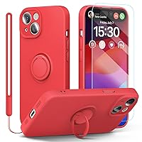 pcgaga Silicone Phone Case for iPhone 15 with Screen Protector [Ring Holder Stand] [Wrist Strap] [Microfiber Lining] Slim Shockproof Protective Cover, 6.1 Inch (Red)