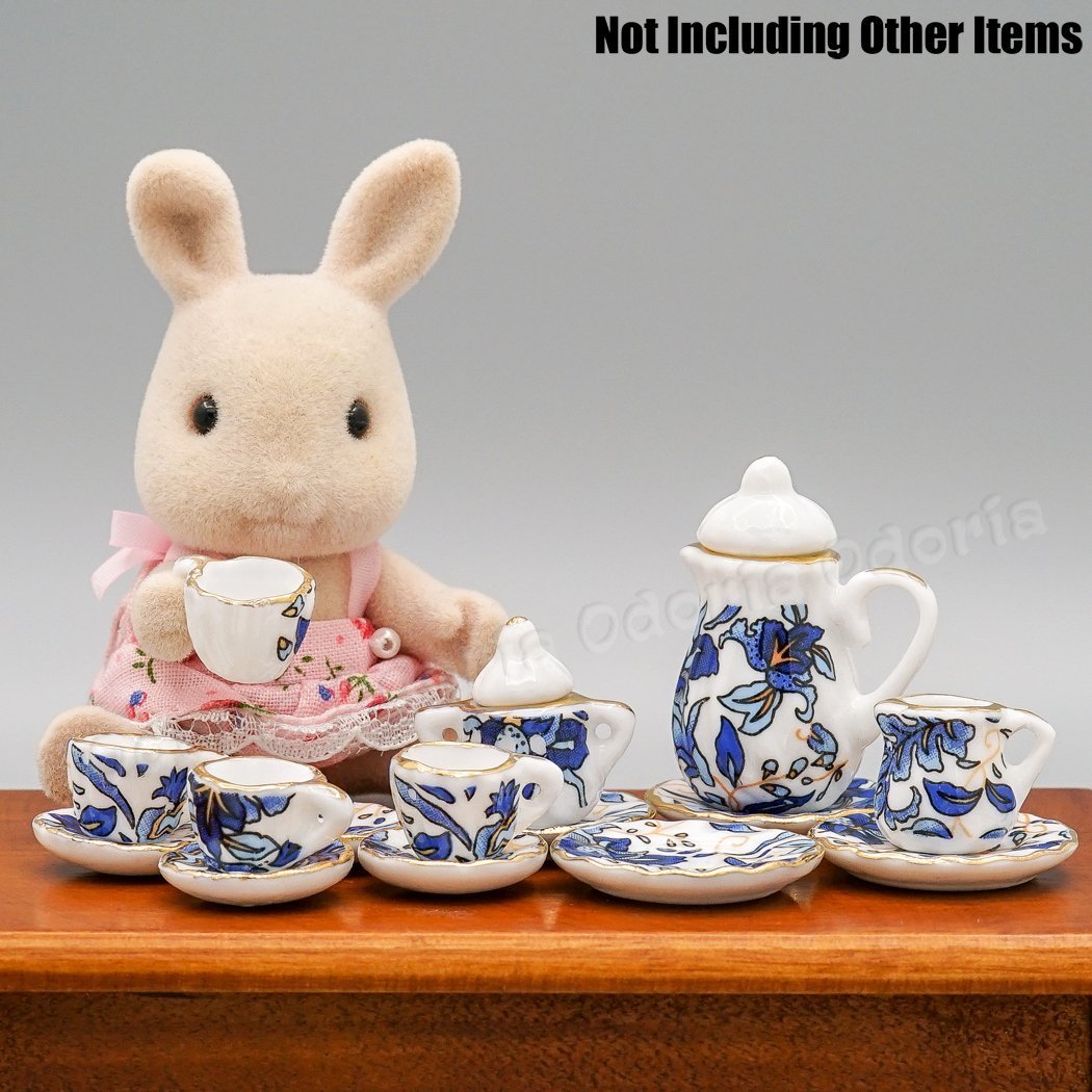 Odoria 1:12 Miniature 15Pcs Blue Porcelain Chintz Tea Cup Set (Blue)