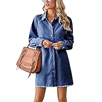 Women's Casual Long Sleeves Denim Dress Front Button Raw Edge Relaxed Jean Shirt Dress with Pockets
