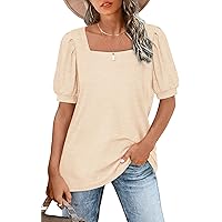 BZB Womens Summer T Shirts Square Neck Puff Sleeve Tunic Tops Casual Blouse S-2XL