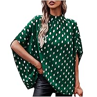 Polka Dots Blouses for Women Mock Neck Dolman Short Sleeve Pleated Shirts Oversized High Low Summer Tunic Tops