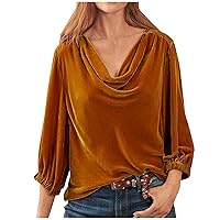 Women's Velvet T Shirts Casual 3/4 Sleeve Solid T Shirt Cowl Neck Drape Ruched Front Long Sleeve Tops Loose Blouses