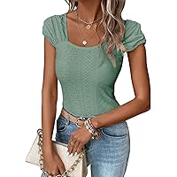 FSHAOES Womens Square Neck Tank Tops Cute Eyelet Cap Sleeve Tee Going Out Slim Fit Backless Shirts