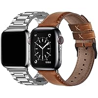 Fullmosa Compatible Stainless Steel Apple Watch Band 44mm/45mm/42mm Silver with Case & Compatible Leather Apple Watch Band 44mm/45mm/42mm,Brown+Black Buckle