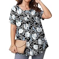 BISHUIGE Women's Plus Size Tunic Tops Button Henley Casual T Shirts V Neck Short Sleeve Pleated Blouses