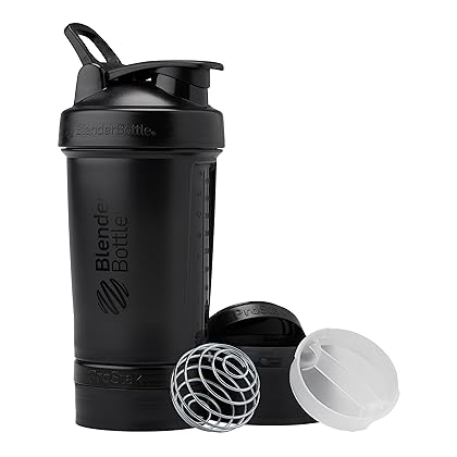 BlenderBottle Shaker Bottle with Pill Organizer and Storage for Protein Powder, ProStak System, 22 Ounce, Midnight Black