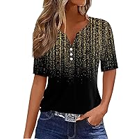 Womens T Shirts,Short Sleeve Tops for Women Fashion V Neck Button Boho Tops for Women Going Out Tops for Women