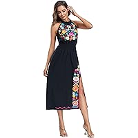 YZXDORWJ Women's Mexican Floral Embroidered Halter Neck Split Sleeveless Ruffle Party Long Dresses