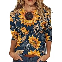 3/4 Sleeve T Shirts for Women 2024 Sunflower Print Casual Fashion Trendy Pretty with Round Neck Tunic Blouses