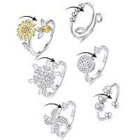 Tornito 5-6Pcs Fidget Anxiety Spinner Ring Adjustable Open Ring Cubic Zirconia Sunflower Windmill Butterfly Moon Bead Stress Relief Stackable Rings for Women Silver Gold Tone
