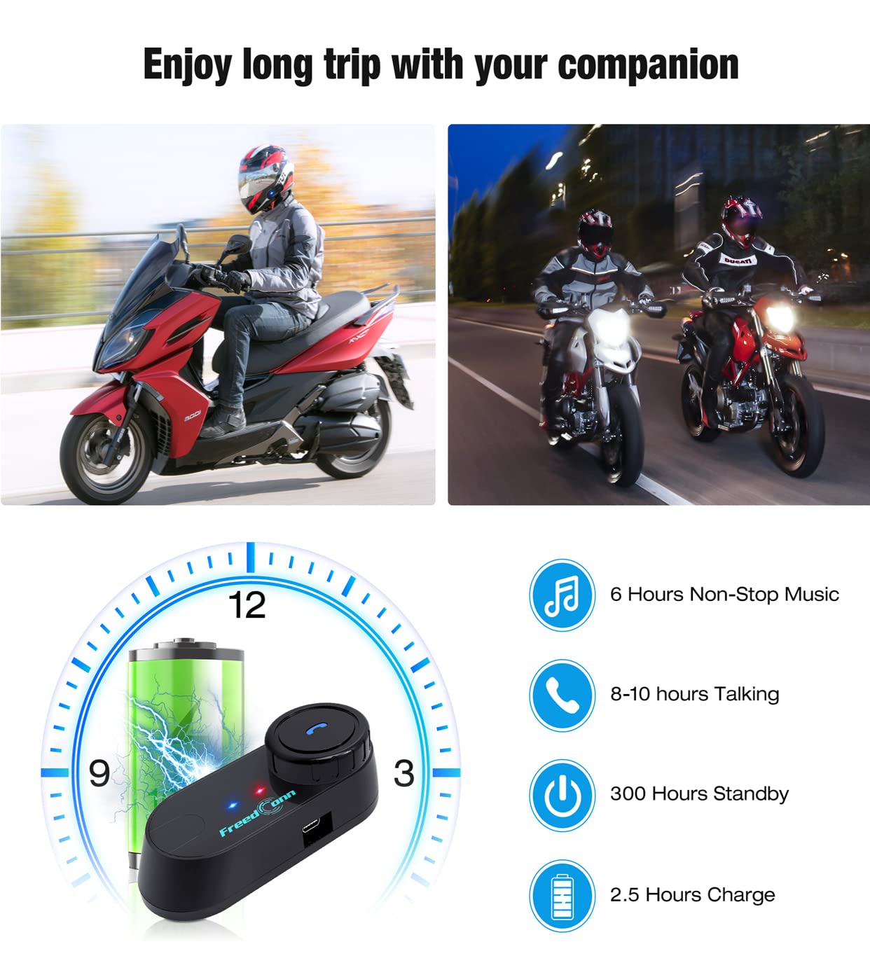 FreedConn Motorcycle Helmet Bluetooth Headset with Music Sharing,TCOM VB 2-Way 800M Intercom,Universal Pairing Motorcycle Communication System kit for Ski/ATV/Dirt Bike(FM/IP65/2 in 1 Mic.Siri) 1Pack