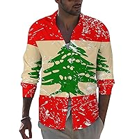Lebanese Retro Flag Mens Long Sleeve Shirts Casual Button Down Lapel T-Shirt Summer Beach Tee Tops
