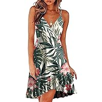 Women Wrap V-Neck Ruffle Hem Casual Beach Cami Dress Spaghetti Strap Sleeveless Summer Fashion Boho Floral Sun Dress