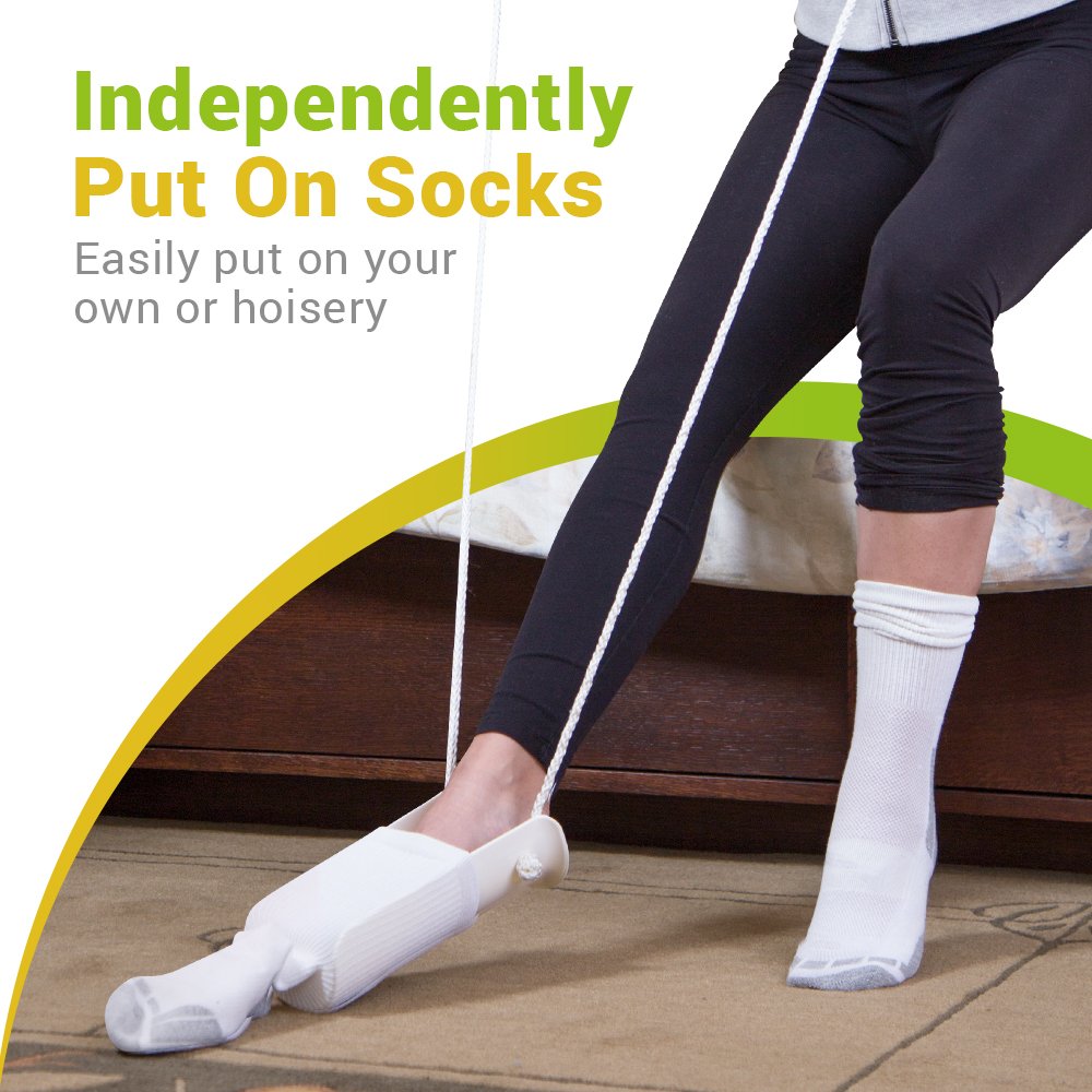 BodyHealt Sock Aid - Deluxe White Sock Assist & Sock Helper - easy on & Off Sockhorn - Sock-Aide Device - Sock Tool for Elderly, Senior, Pregnant, Diabetics - Sockpullers - Extends Reachup To 33